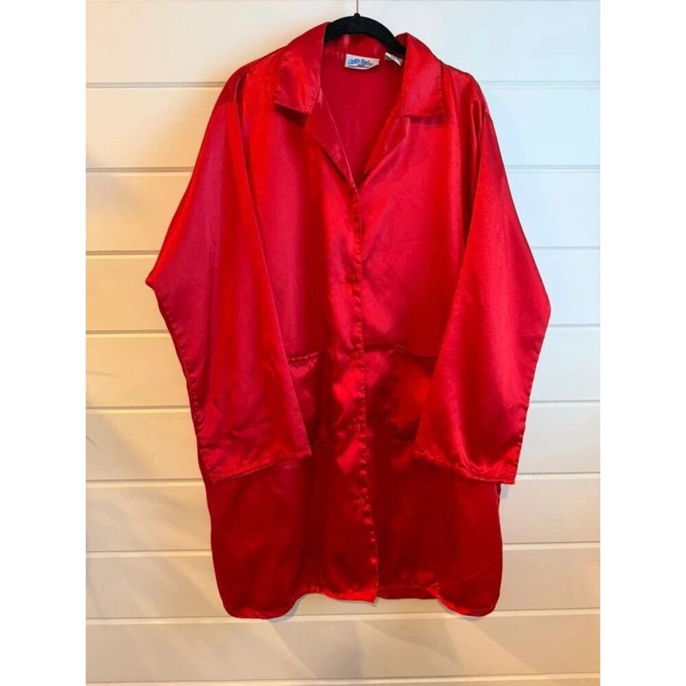 Vintage Castle Harbor Red Satin Button Down Sleepshirt Nightgown Size 2XL